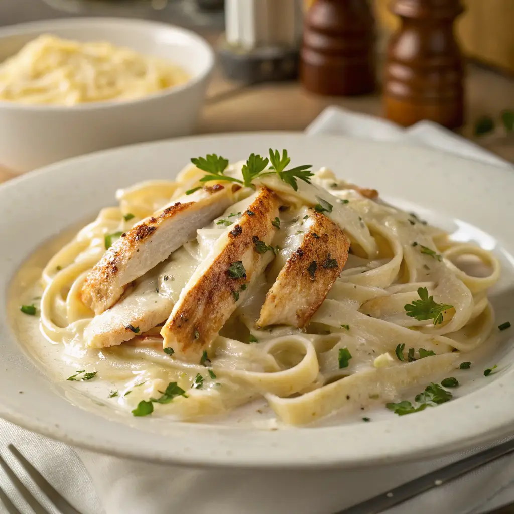 Fettuccine mit cremiger Alfredo-Soße und Hähnchen