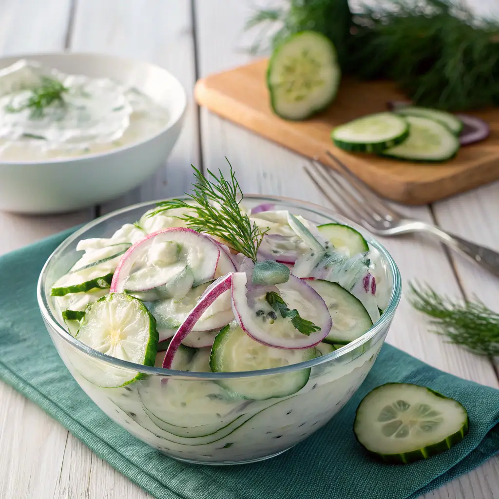 Gurkensalat mit Joghurt-Dressing in Glasschüssel