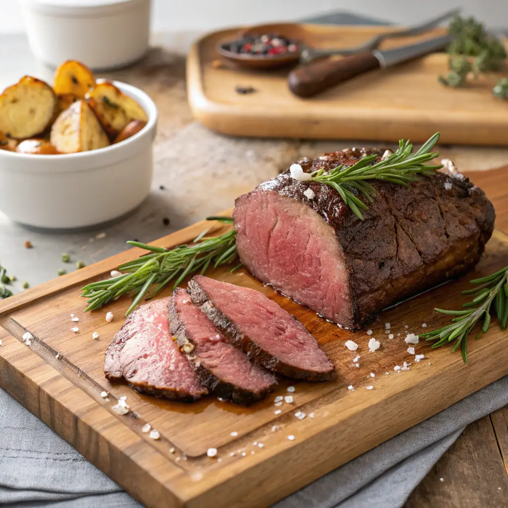 Roastbeef auf Holzbrett mit Rosmarin
