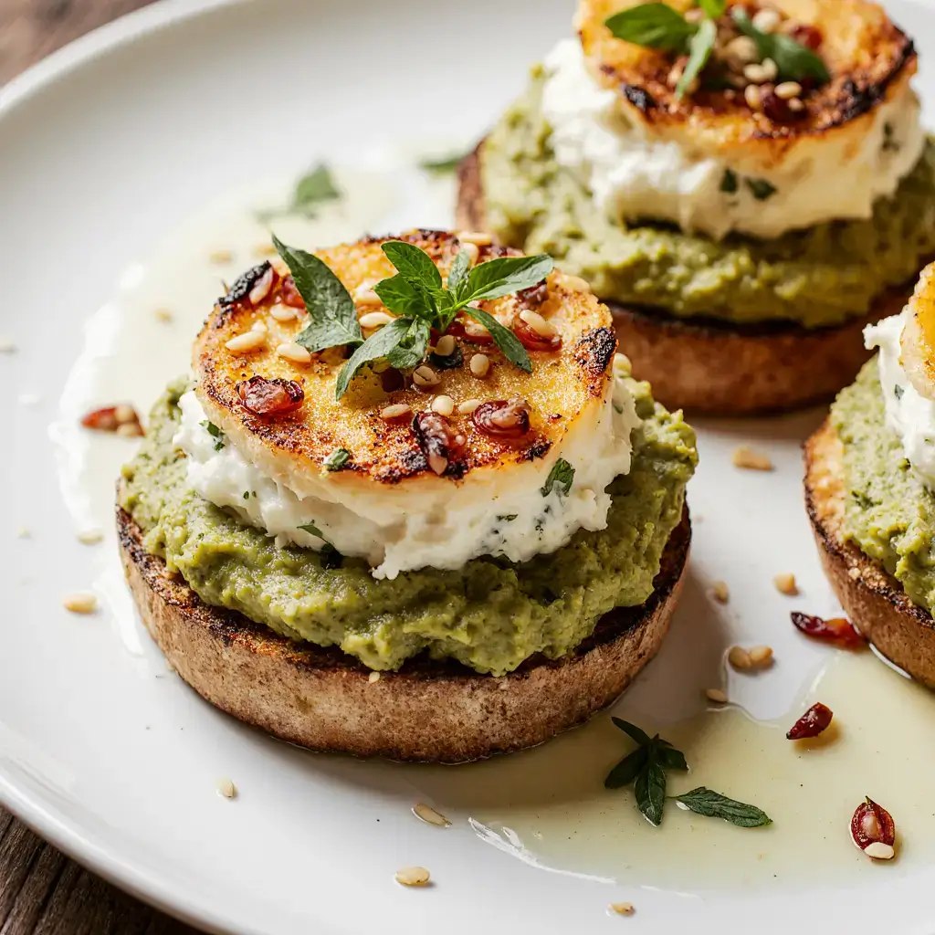 Avocado-Hummus-Crostini auf einem weißen Teller. Die Crostini besteht aus geröstetem Vollkornbrot, einer grünen Avocado-Hummus-Schicht und einer cremigen Belagschicht mit Kräutern. Garniert wird das Gericht mit frischen Minzeblättern, Sesam und getrockneten Tomaten.