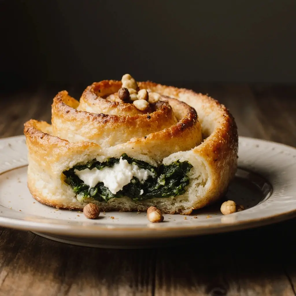 Ein appetitliches Blätterteig-Schnecken mit Spinat und Feta auf einem weißen Teller. Das Schnecken ist goldbraun gebacken, mit einer cremigen Füllung aus Spinat und Feta, die durch eine feine Schnittfläche sichtbar ist. Es wird dekoriert mit gehackten Nüssen und ein paar Krümeln im Vordergrund.