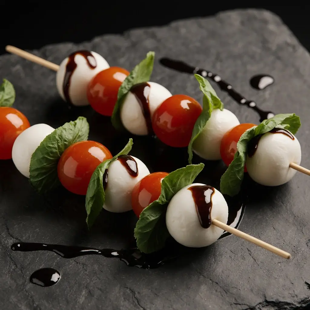 Caprese-Spieße auf einem dunklen Steinbrett. Jeder Spieß besteht aus frischen Tomaten, Mozzarella-Kugeln und Basilikumblättern, garniert mit Balsamico-Essig. Die farbenfrohe Präsentation betont die klassische italienische Kombination.