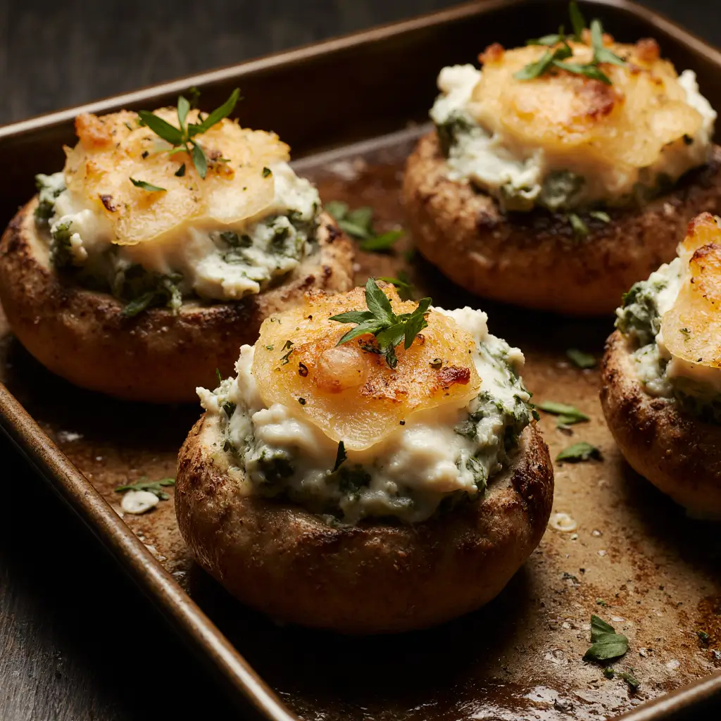 Gefüllte Champignons mit Kräuterfrischkäse und gebratenen Skallop-Filets auf einem rustikalen Holzbrett. Der Champignon ist gebacken und mit einer cremigen Kräuterfrischkäse-Füllung belegt, die von einem golden gebratenen Skallop-Filet gekrönt wird. Garniert mit frischen Kräutern und Sesam.