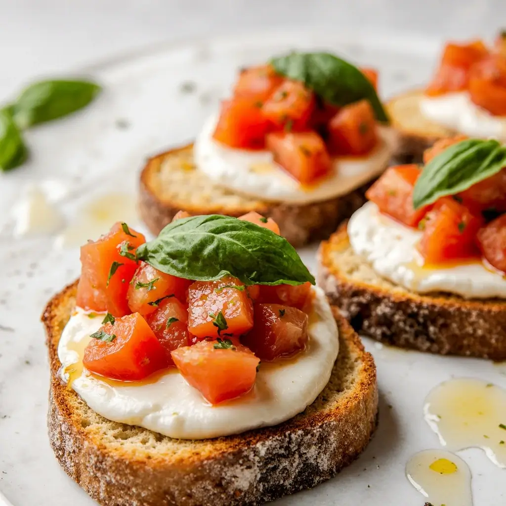 Leckere Bruschetta mit cremigem Ricotta, frischen Tomatenwürfeln und Basilikumblättern auf rustikalem Toastbrot. Die Platte wird dekoriert mit Olivenöl und frischen Kräutern.