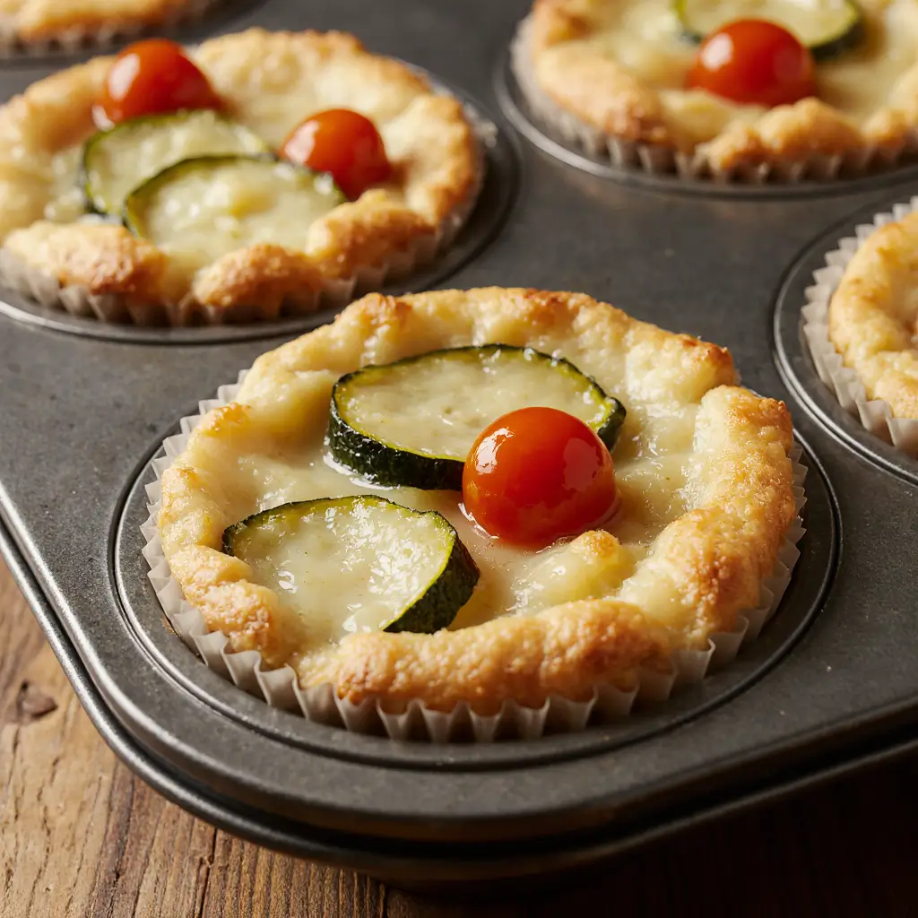 Mini-Quiches ohne Boden in einer Muffinform. Die Quiches sind mit einem golden gebackenen Teigrand umgeben und gefüllt mit einer cremigen Eiermasse, garniert mit frischen Zucchini-Scheiben und Tomaten. Der Hintergrund zeigt weitere Mini-Quiches im gleichen Stil.