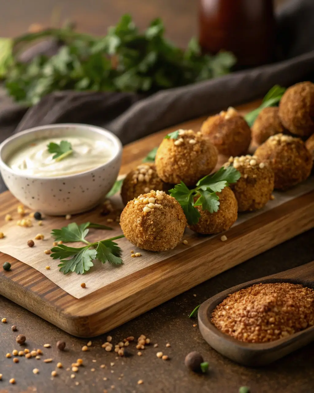 Orientalische Falafel-Häppchen auf einem Holzbrett. Die goldbraun gebackenen Falafel-Bällchen sind mit frischen Kräutern und Sesam garniert, während im Hintergrund eine Schüssel Tzatziki-Dip und ein Löffel Gewürzmischung zu sehen sind.