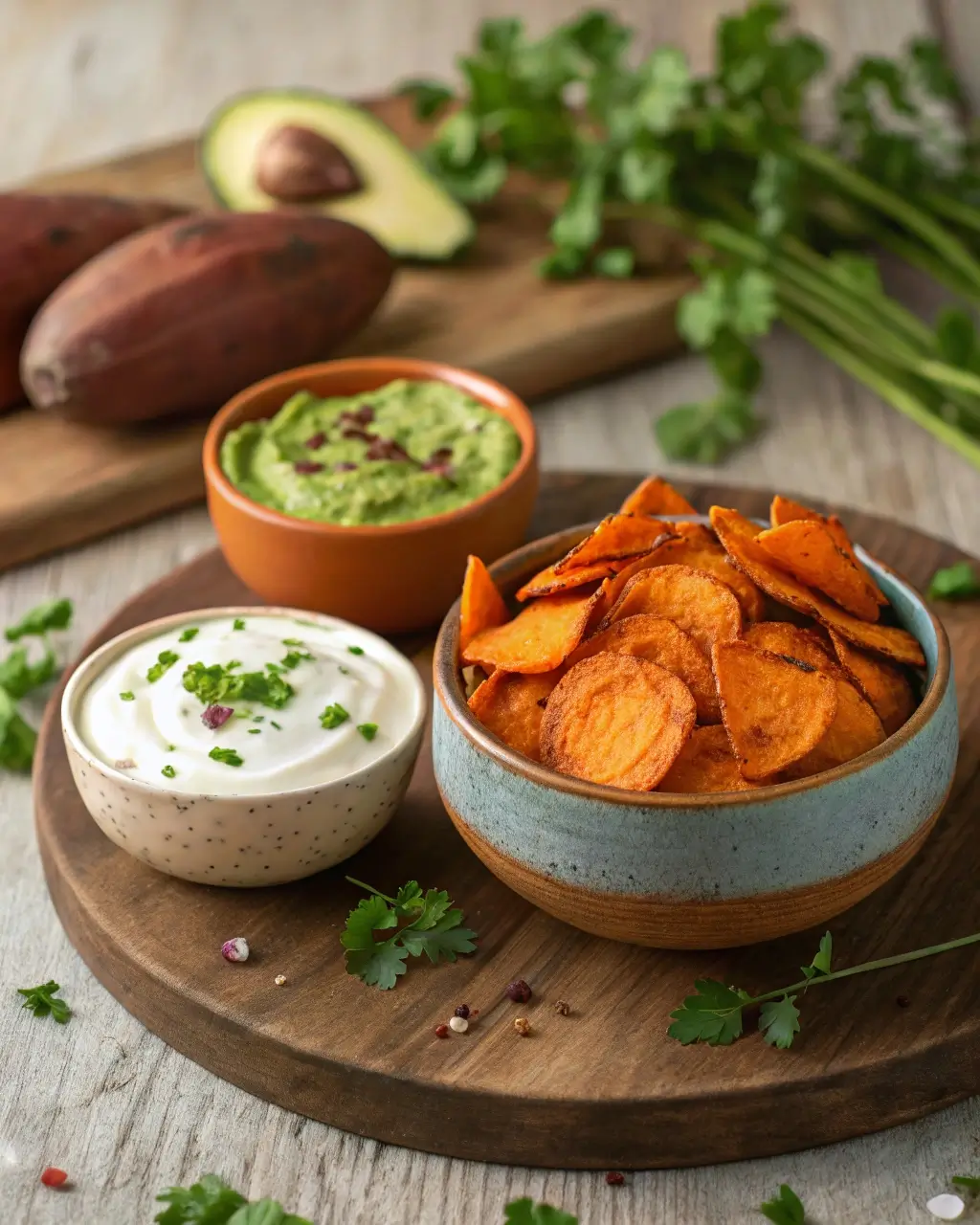 Süßkartoffel-Chips in einer Schale auf einem Holzbrett, serviert mit zwei Dips: einer cremigen Mayonnaise-Dip und einem grünen Avocado-Dip. Im Hintergrund sind frische Zutaten wie eine halbierte Süßkartoffel, Avocado und Kräuter zu sehen.