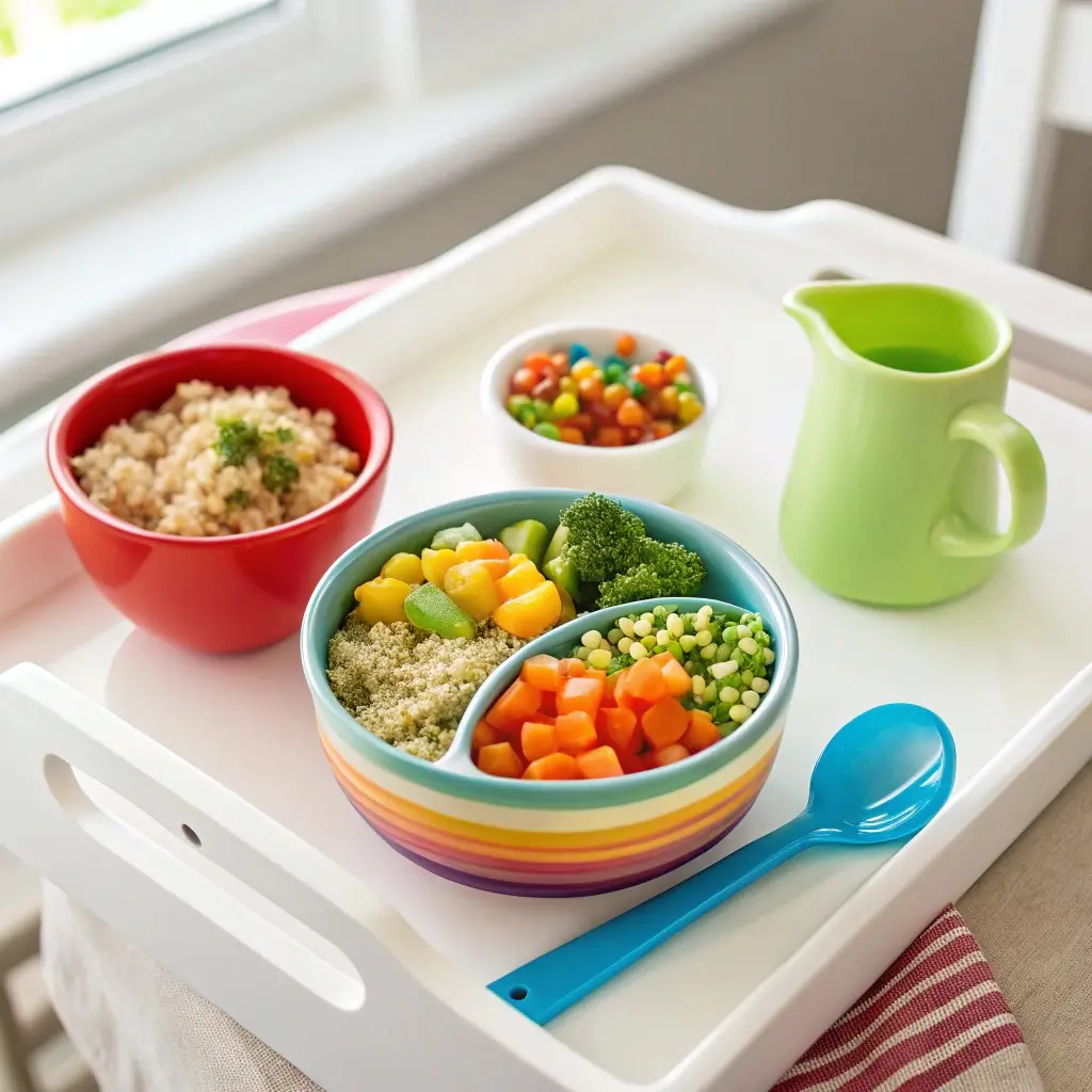 Bunte Gemüse-Quinoa-Bowls serviert auf einem weißen Tablett. Die Bowls sind farbenfroh gestaltet und gefüllt mit Quinoa, frischem Gemüse wie Karottenwürfeln, Maiskörnern, Brokkoli und grünen Erbsen. Neben den Bowls steht ein grüner Krug mit Milch oder Saft sowie eine blaue Plastikspitze für Kinder. Das Ganze wirkt lecker und einladend.