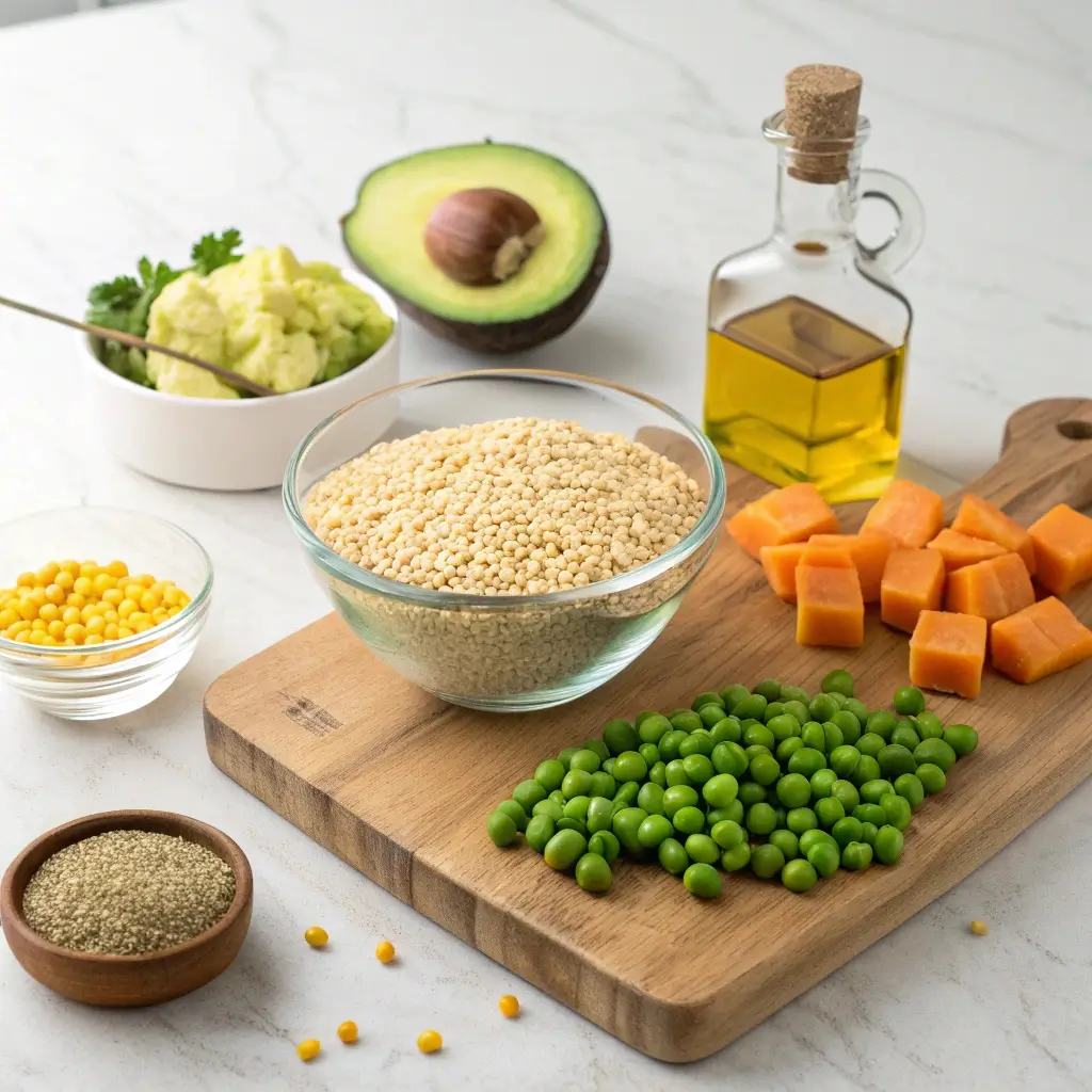Bunte Zutaten für eine Quinoa-Bowl: Ein Teller mit Quinoa, daneben Avocado, Kürbiswürfel, Erbsen, Maiskörner und Brokkoli auf einem Holzbrett. Zusätzlich sind Olivenöl, Zwiebeln und Knoblauch zu sehen, was die vielfältige Auswahl an nährstoffreichen Zutaten betont.