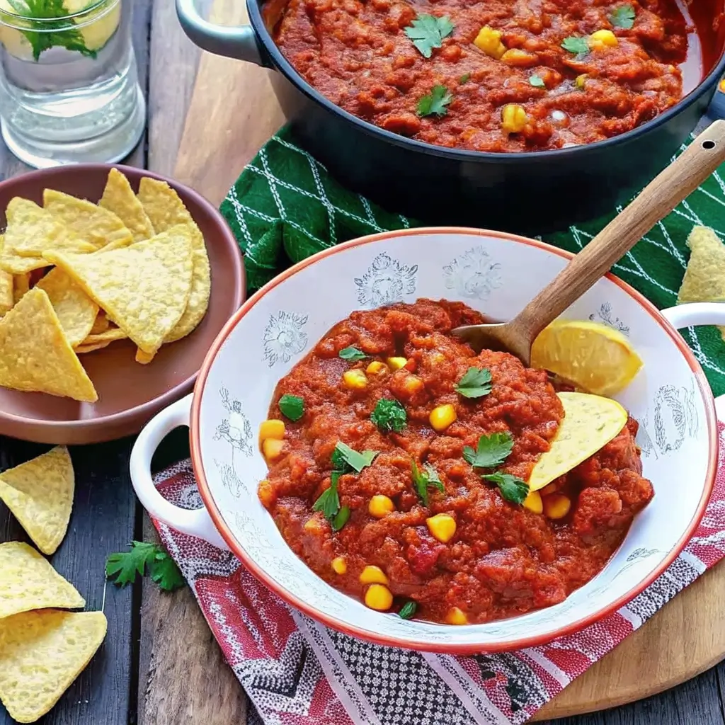 Chili con Carne in einer Schüssel serviert, garniert mit Koriander, Maiskörnern und Tortilla-Chips – perfekte Präsentation für ein herzhaftes Gericht.