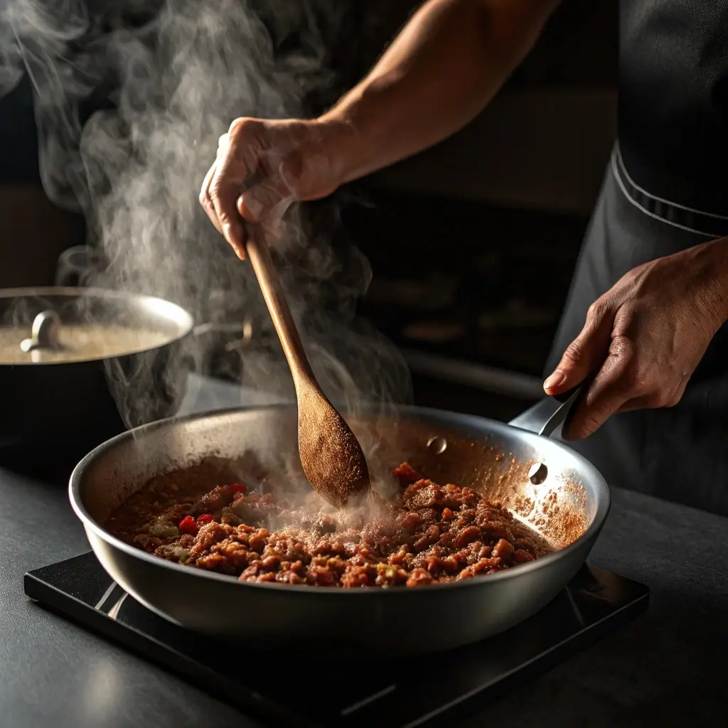 Zubereitung eines Chili con Carne Rezepts: Hackfleisch in einer Pfanne anbraten, Dampf steigt auf – typische Schritt für Schritt Zubereitung im Kochprozess.