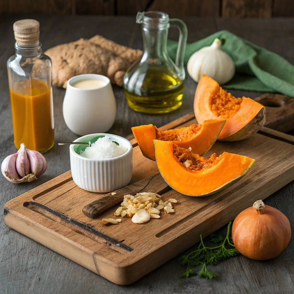 Zutaten für eine cremige Kürbissuppe mit Kokosmilch: Orange-schimmernde Kürbiswürfel auf einem Holzbrett, dazu ein Teller mit Kokosmilch, Olivenöl, Knoblauch, Ingwer, Maisstärke und frischen Kräutern. Ein kleiner Kürbis und ein grüner Schal liegt im Hintergrund.