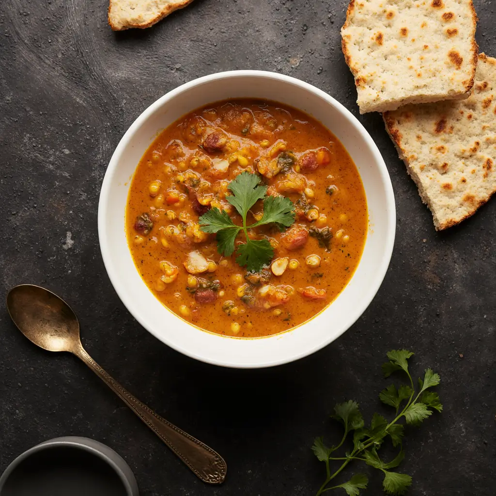 Cremige Linsen-Kokos-Suppe in einer weißen Schüssel, garniert mit Koriander, umgeben von Fladenbrot und Löffel auf dunklem Hintergrund.