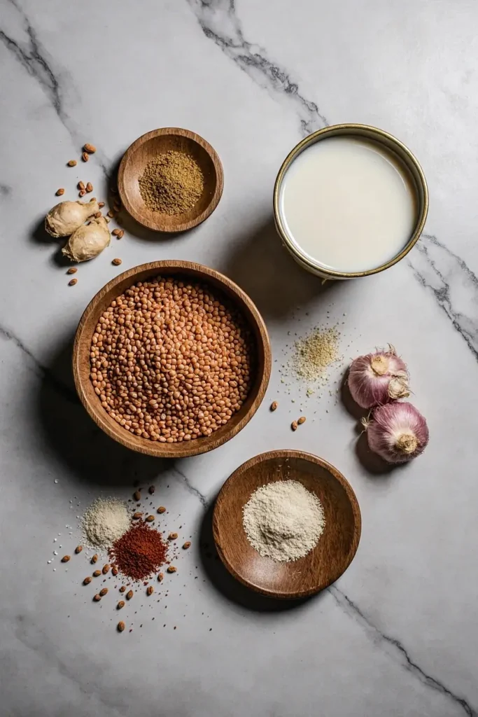 Zutaten für cremige Linsen-Kokos-Suppe: rote Linsen, Kokosmilch, Knoblauch, Ingwer, Currypulver und Gewürze auf marmoriertem Hintergrund.