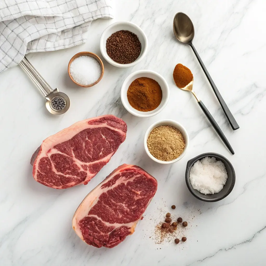 Zwei frische Rindersteaks liegen auf einem weißen Marmorhintergrund, umgeben von kleinen Schalen mit verschiedenen Gewürzen wie Salz, Pfeffer, Paprika, Knoblauchpulver und Chilipulver. Einige Esslöffel und ein Messer sind ebenfalls sichtbar, was die Vorbereitung für das ultimative Steak im Airfryer andeutet. Die Szene strahlt eine saubere und professionelle Küchenatmosphäre aus