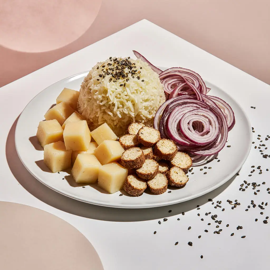 Zutaten für deftige Sauerkraut-Kartoffel-Suppe: Kartoffeln, Sauerkraut, Zwiebeln, Speckwürfel und Gewürze – klassisch und wärmend.