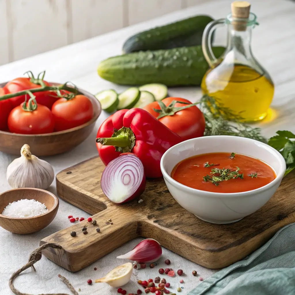 Gazpacho-Zutaten: frische Tomaten, Gurke, rote Paprika, rote Zwiebel, Knoblauch, Olivenöl und Petersilie auf einem Holzbrett. Eine Schüssel mit cremigem, kaltem Gazpacho im Vordergrund.