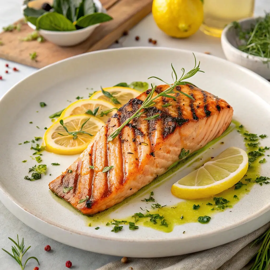 Ein köstlicher Gegrillter Zitrusfisch mit Sommerkräutern serviert auf einem weißen Teller. Der Fisch ist goldbraun gebraten und garniert mit frischen Zitronenscheiben, Petersilie und einer Kräuterzweig. Im Hintergrund sind weitere Zutaten wie Zitrone und Kräuter zu sehen.