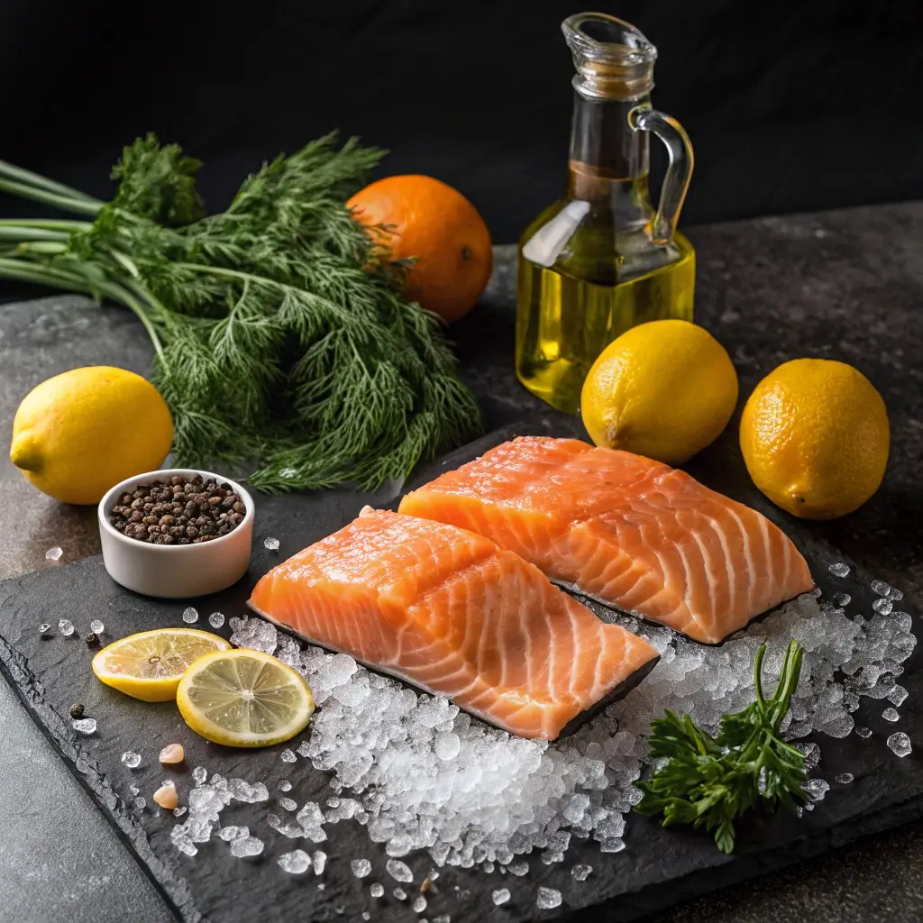 Zutaten für Gegrillten Zitrusfisch mit Sommerkräutern: frische Lachsfillets, Zitronen, Orangen, Dill, Petersilie, Olivenöl, Pfeffer und Salz.
