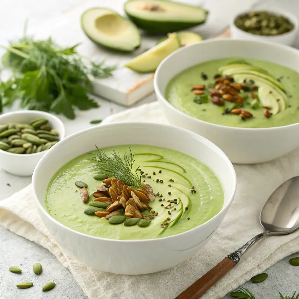 Gekühlte Avocado-Gurken-Suppe serviert in weißen Schüsseln – cremig grüne Suppe mit Garnitur aus Gurkenscheiben, Sonnenblumenkernen, Kürbiskernen und Dill auf einem hellen Tisch.
