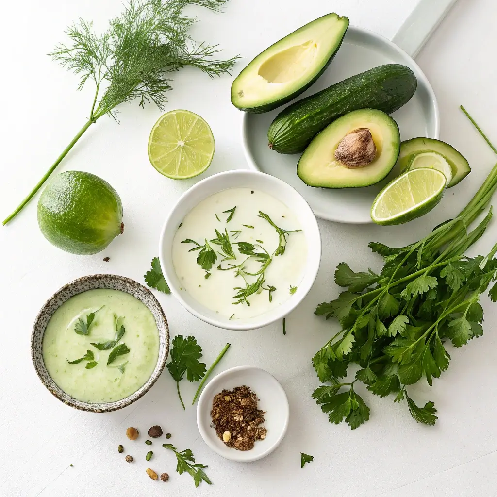Zutaten für gekühlte Avocado-Gurken-Suppe: reife Avocados, Gurke, Limette, Petersilie, Dill, Joghurt, Zitronensaft und Gewürze auf hellem Hintergrund – frische, grüne Sommer-Suppe im Vorbereitung.