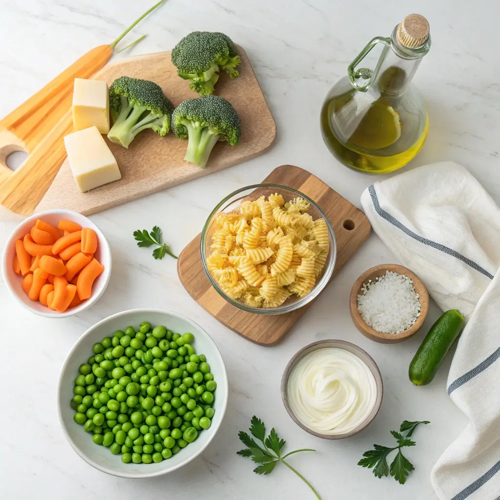 Farbenfrohe Zutaten für eine leckere Gemüse-Nudelpfanne: Brokkoli, Karottenwürfel, Erbsen, Nudeln, Käse, Olivenöl, Sahne, Salz und Petersilie auf einem sauberen weißen Hintergrund