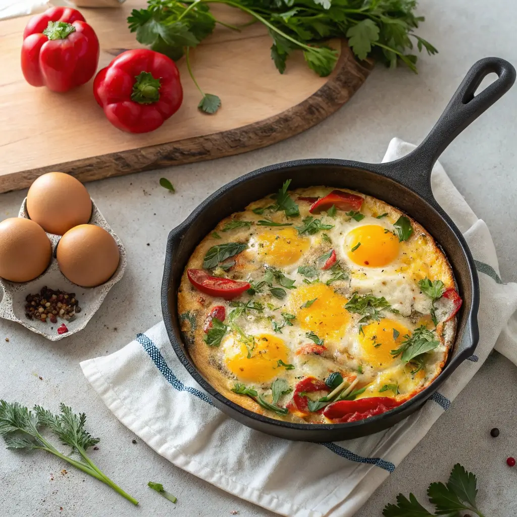 Eine köstliche Gemüsepfanne mit Eiern und Käse serviert in einer schwarzen Pfanne. Das Gericht ist cremig, garniert mit frischen Kräutern und roten Paprika-Scheiben. Im Hintergrund sind weitere Zutaten wie Eier, Paprika und Kräuter zu sehen.