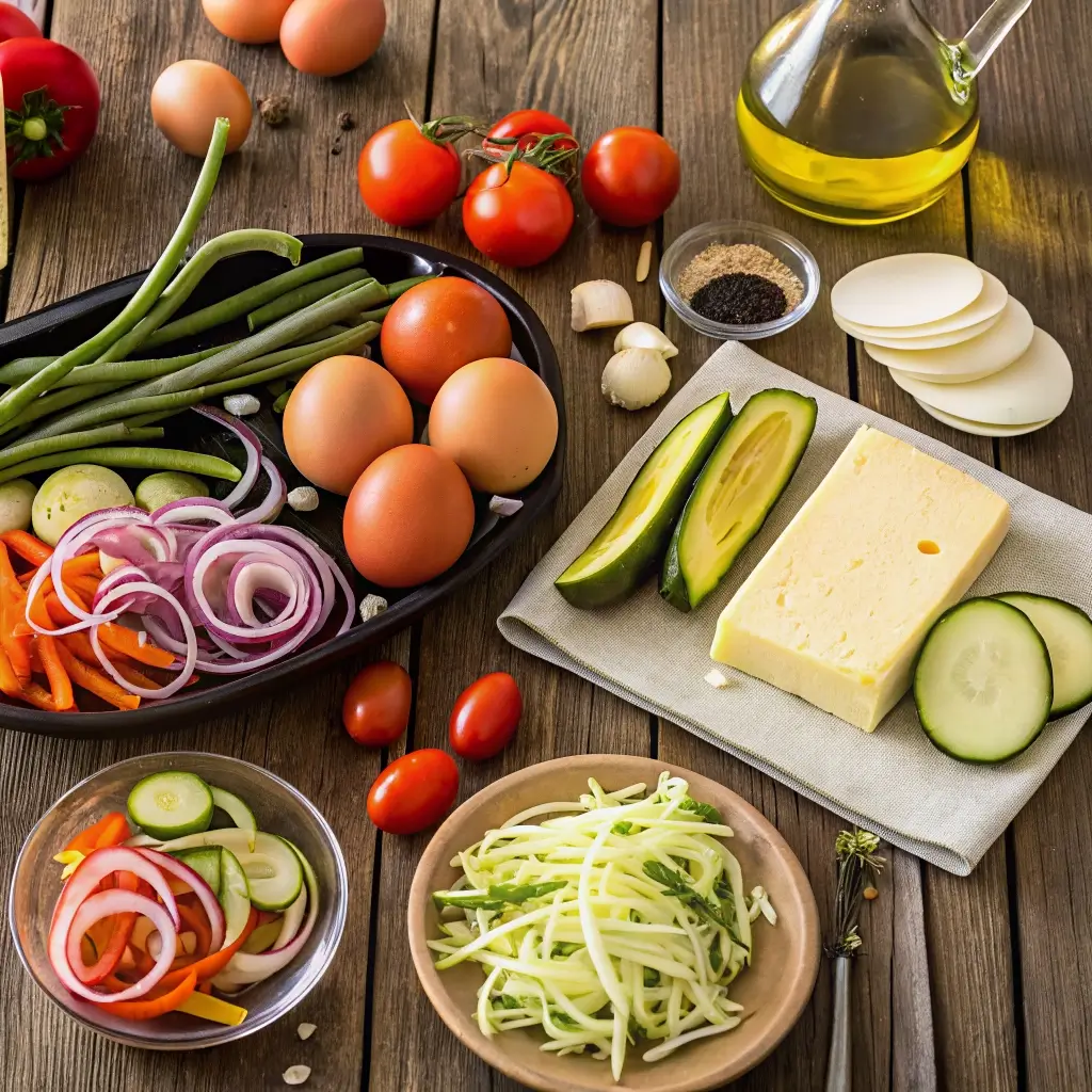 Zutaten für Gemüsepfanne mit Eiern und Käse: frische Tomaten, Zucchini, Karotten, Zwiebeln, grüne Bohnen, Eier, Schinkenscheiben, Käse, Olivenöl, Knoblauch und Gewürze.
