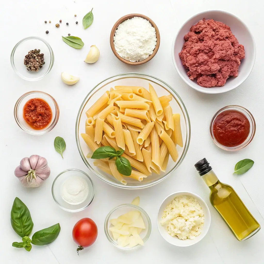 Eine Auswahl frischer Zutaten für einen Herzhaften Nudelauflauf: Penne, Hackfleisch, Tomatenmark, Knoblauch, Basilikum, Parmesan, Olivenöl, Meersalz, Pfeffer und Gemüse (Tomate, Zwiebel). Alle Zutaten sind auf einem sauberen Tisch sorgfältig arrangiert.