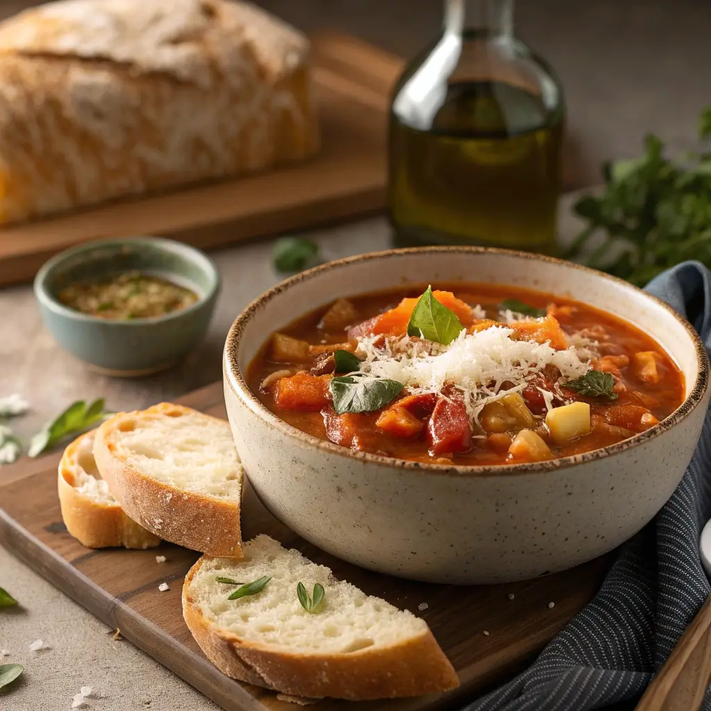 Italienische Minestrone in einer rustikalen Schüssel, garniert mit Parmesan und Basilikum, umgeben von frischem Brot und Olivenöl auf Holzbrett.