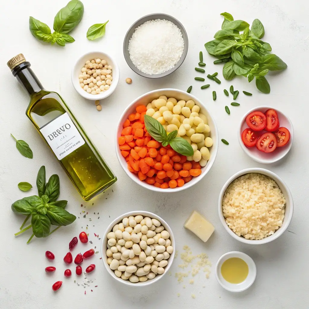 Zutaten für italienische Minestrone: Karotten, weiße Bohnen, Tomaten, Basilikum, Olivenöl, Reis, Kichererbsen und Kräuter auf hellem Hintergrund.