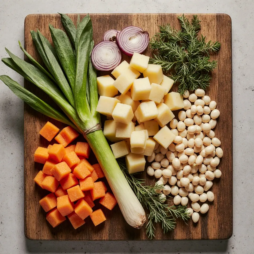 Zutaten für klassischen Gemüse-Kartoffel-Eintopf: gewürfelte Karotten, Kartoffeln, Lauch, rote Zwiebeln, weiße Bohnen und frische Kräuter auf einem Holzbrett.