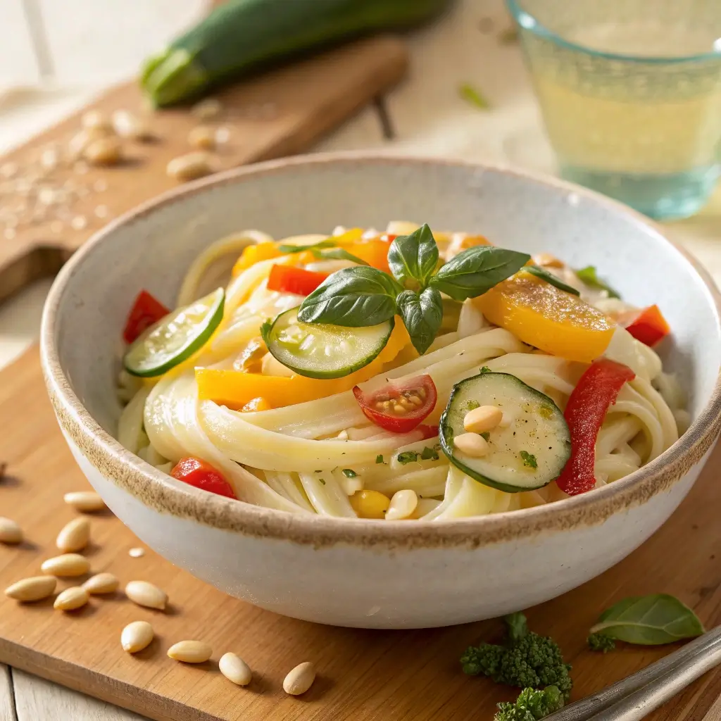 Leichte Sommernudeln mit Crème fraîche und Gemüse serviert in einer cremigen, frischen Schüssel. Das Gericht ist garniert mit zarten Gurkenscheiben, Tomatenwürfeln, Pinienkernen und frischem Basilikum. Im Hintergrund sind weitere Zutaten wie Gurken und Öl zu sehen.