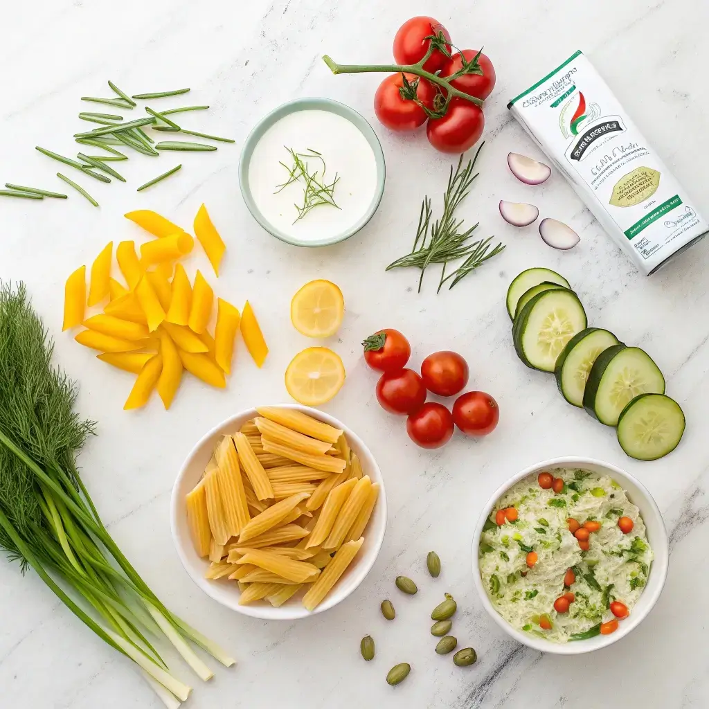 Zutaten für Leichte Sommernudeln mit Crème fraîche und Gemüse: Penne, frische Tomaten, Gurkenscheiben, Zitronen, Knoblauch, Dill, Petersilie, Minze, Kichererbsenpaste und verschiedene Kräuter.