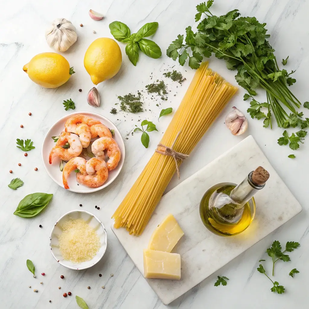 Zutaten für Mediterrane Zitronenspaghetti mit Kräutergarnelen: frische Spaghetti, Garnelen, Zitronen, Basilikum, Petersilie, Knoblauch, Olivenöl, Parmesan und Gewürze.