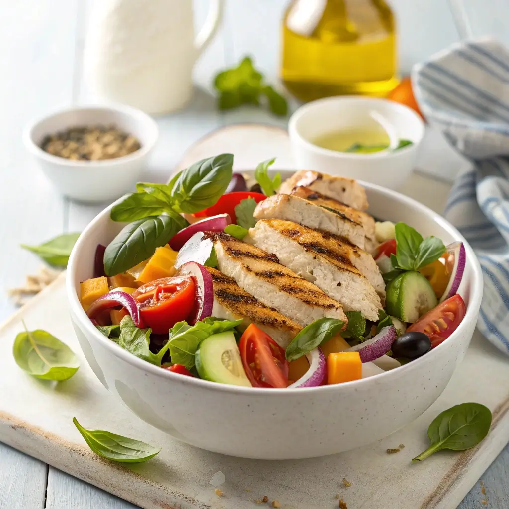 Mediterraner Sommersalat mit gegrilltem Hähnchen in einer weißen Schüssel serviert – frische Tomaten, Gurke, rote Zwiebel, Basilikum, Oliven und geröstetes Hähnchenfleisch. Umgeben von Olivenöl, Kräutern und Gewürzen auf einem Holzbrett.