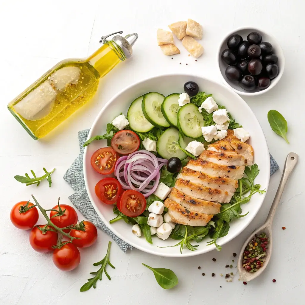 Frischer mediterraner Sommersalat mit gegrilltem Hähnchen, Tomaten, Gurke, roten Zwiebeln, Feta, schwarzen Oliven und Rucola. Dazu Olivenöl, Kräuter und Gewürze auf hellem Hintergrund.