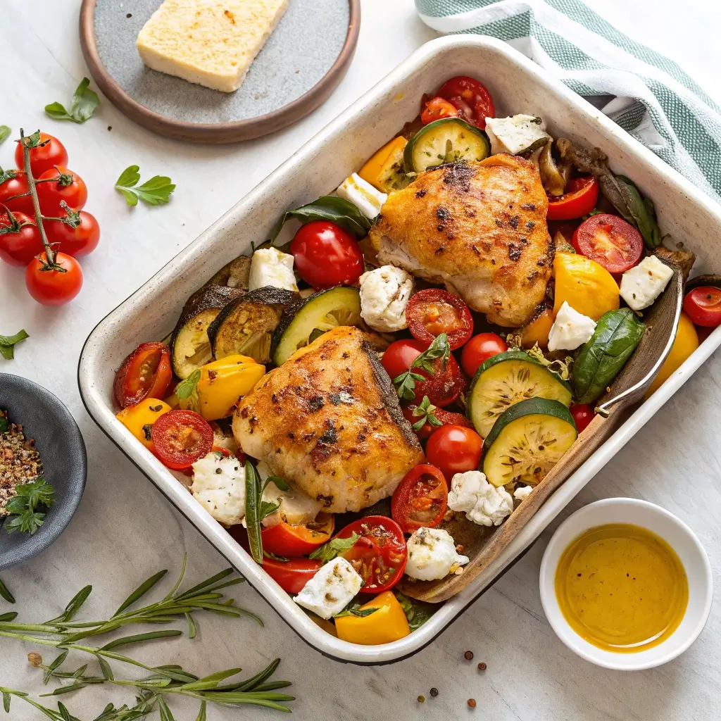 Ein appetitliches Mediterranes Ofengemüse mit Hähnchenschenkeln in einer weißen Auflaufform. Das Gericht ist garniert mit frischen Tomaten, Zucchini, Paprika und Feta-Käse, serviert auf einem sauberen Tisch mit Olivenöl und Kräutern.