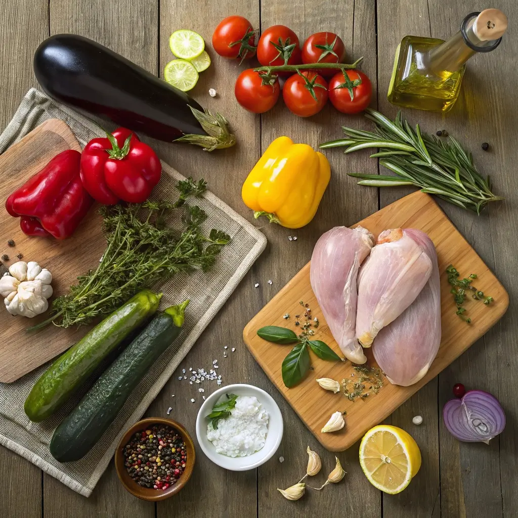 Eine frische Auswahl an Zutaten für Mediterranes Ofengemüse mit Hähnchenschenkeln: Tomaten, Auberginen, Paprika (rot und gelb), Gurken, Knoblauch, Rosmarin, Basilikum, Salz, Pfeffer, Olivenöl, Zitronen und frisch gemahlenes Gemüse. Die Zutaten sind auf einem rustikalen Holztisch sorgfältig arrangiert.