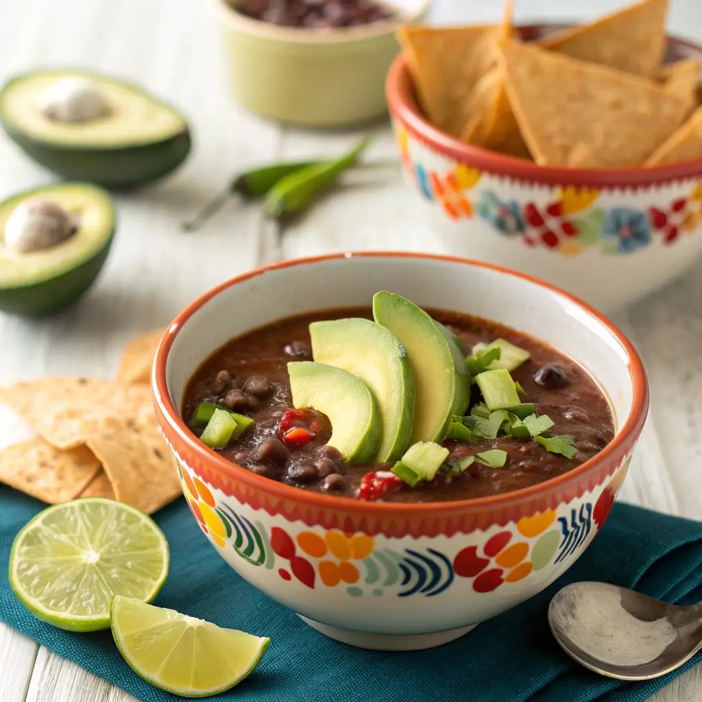 Mexikanische Schwarzbohnen-Suppe in einer bunt bemalten Schüssel, garniert mit Avocado, Zitronenscheiben und Koriander, umgeben von Tortilla-Chips und Avocado-Hälften.