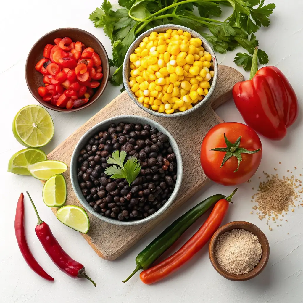 Zutaten für mexikanische Schwarzbohnen-Suppe: schwarze Bohnen, Mais, Tomaten, Paprika, Chilis, Limetten, Koriander und Gewürze auf Holzbrett.