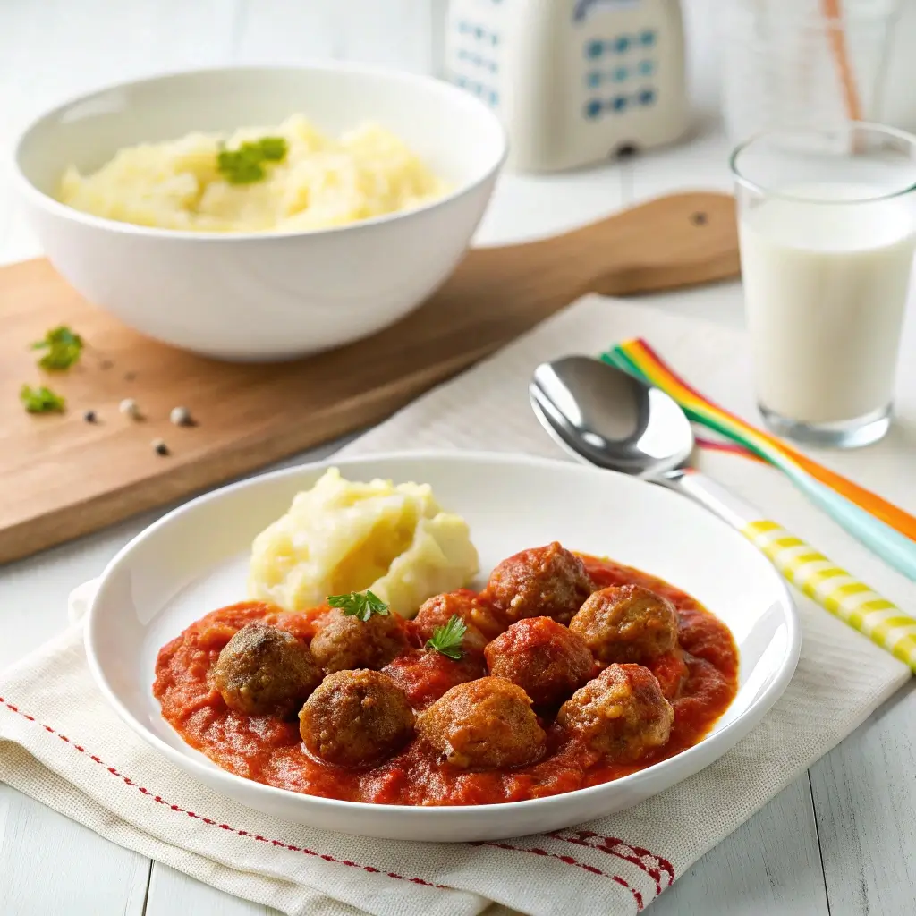 Leckere Mini-Hackbällchen in einer saftigen Tomatensauce serviert auf einem weißen Teller. Neben den Hackbällchen befindet sich eine Portion cremiger Kartoffelpüree, garniert mit frischen Kräutern. Im Hintergrund steht ein Glas Milch und ein weiterer Teller mit Reis, was die gemütliche Atmosphäre vervollständigt.