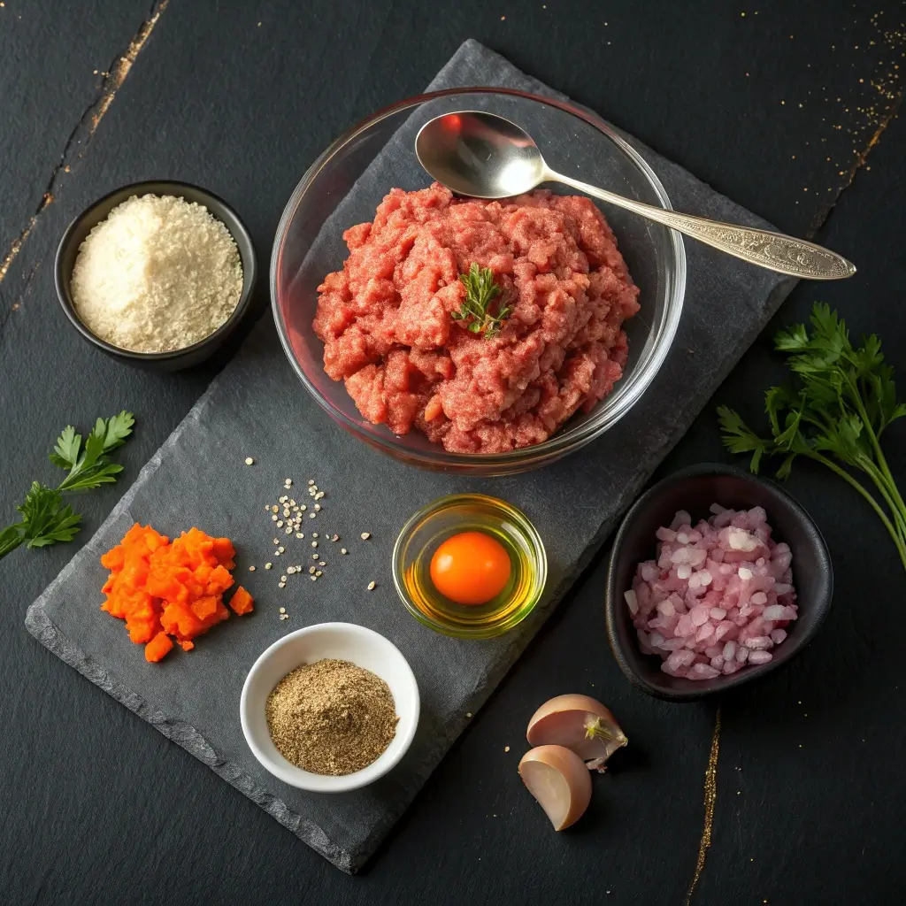 Zutaten für Mini-Hackbällchen in Tomatensauce: Ein Teller mit Hackfleisch, daneben Karottenwürfel, gehackte Zwiebeln, Knoblauch, ein Ei, Petersilie, Brotkörner, Olivenöl und Gewürze auf einem dunklen Steinbrett. Die Szene wirkt rustikal und appetitlich.