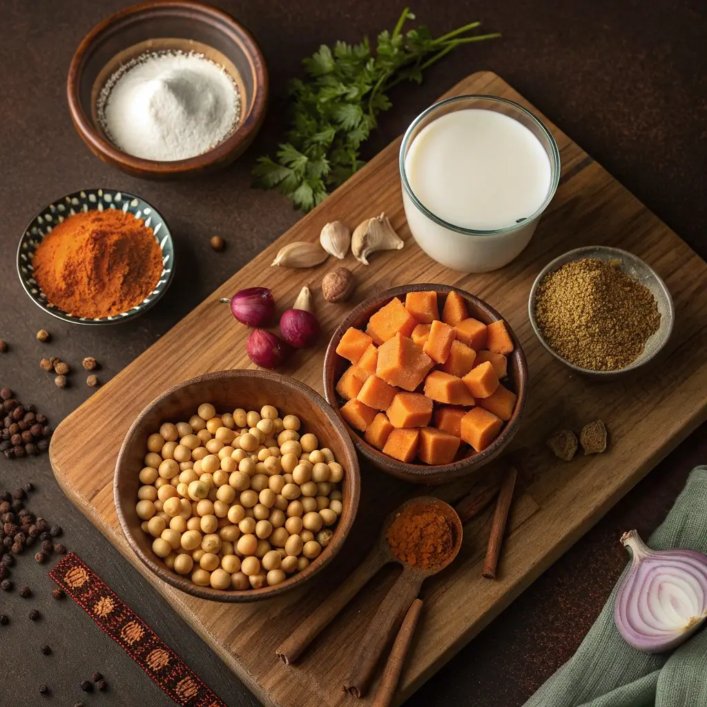 Zutaten für orientalischen Kichererbsen-Eintopf: Kichererbsen, Karotten, Kokosmilch, Knoblauch, Zwiebeln, Currypulver, Kreuzkümmel und frische Petersilie auf Holzbrett.