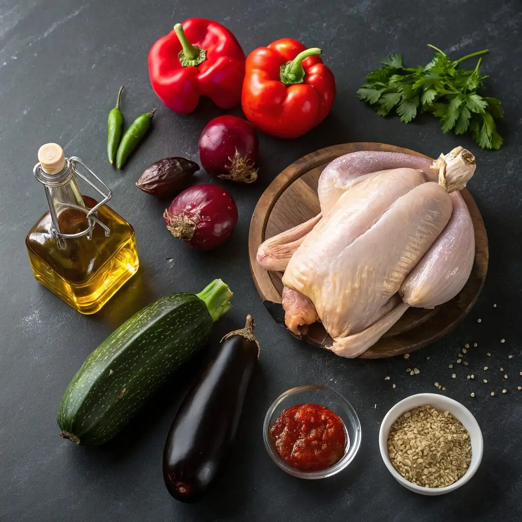 Zutaten für Orientalisches Hähnchen mit süß-scharfem Ofengemüse: frisches Hähnchen, Aubergine, Zucchini, rote Paprika, grüne und rote Chilis, Knoblauch, Olivenöl, Sesamkörner, Tomatenmark und Kräuter.