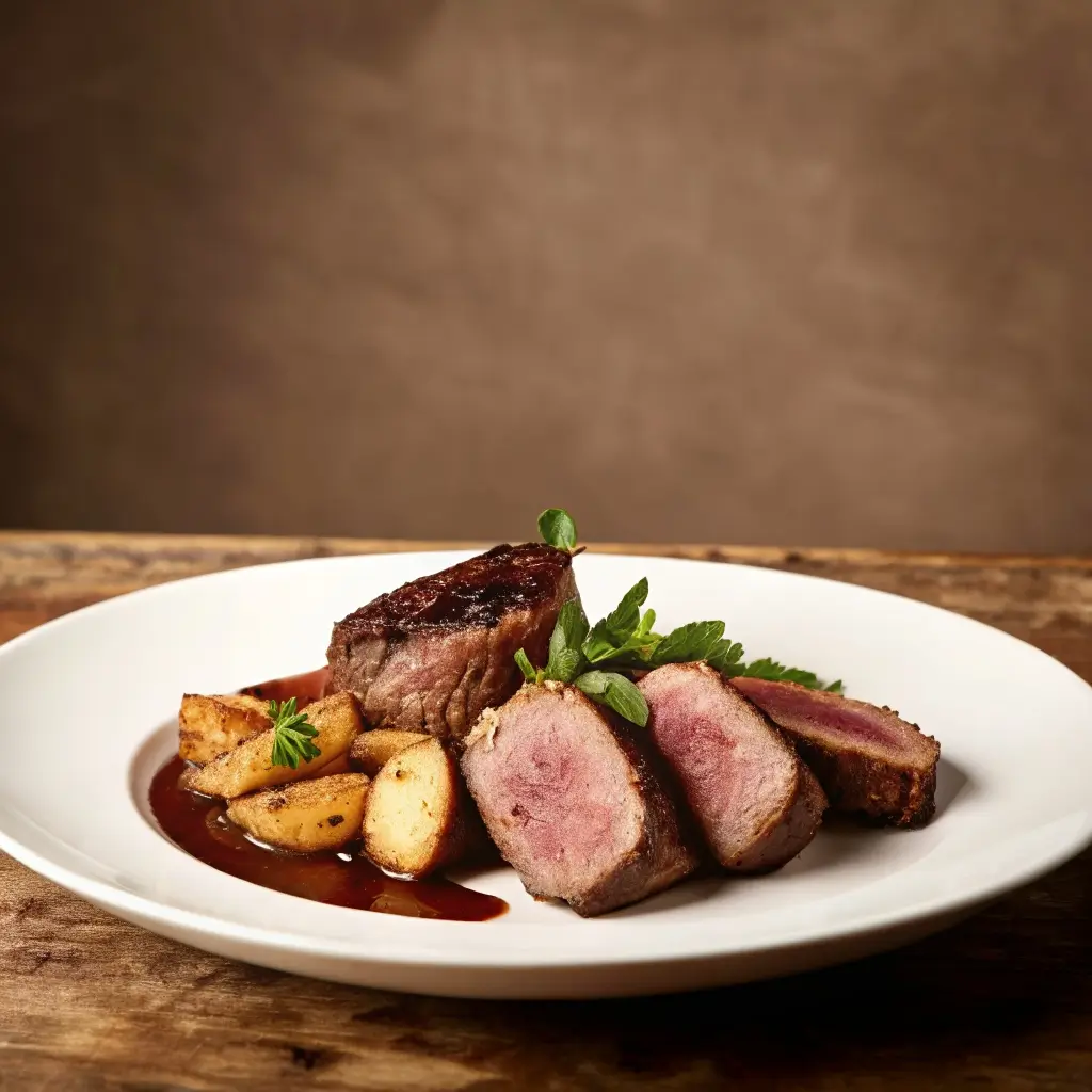 Ein perfekt zubereitetes Steak im Airfryer, serviert mit goldgelben Pommes und einer würzigen Sauce auf einem weißen Teller. Das Steak ist dekorativ angerichtet und garniert mit frischen Kräutern.