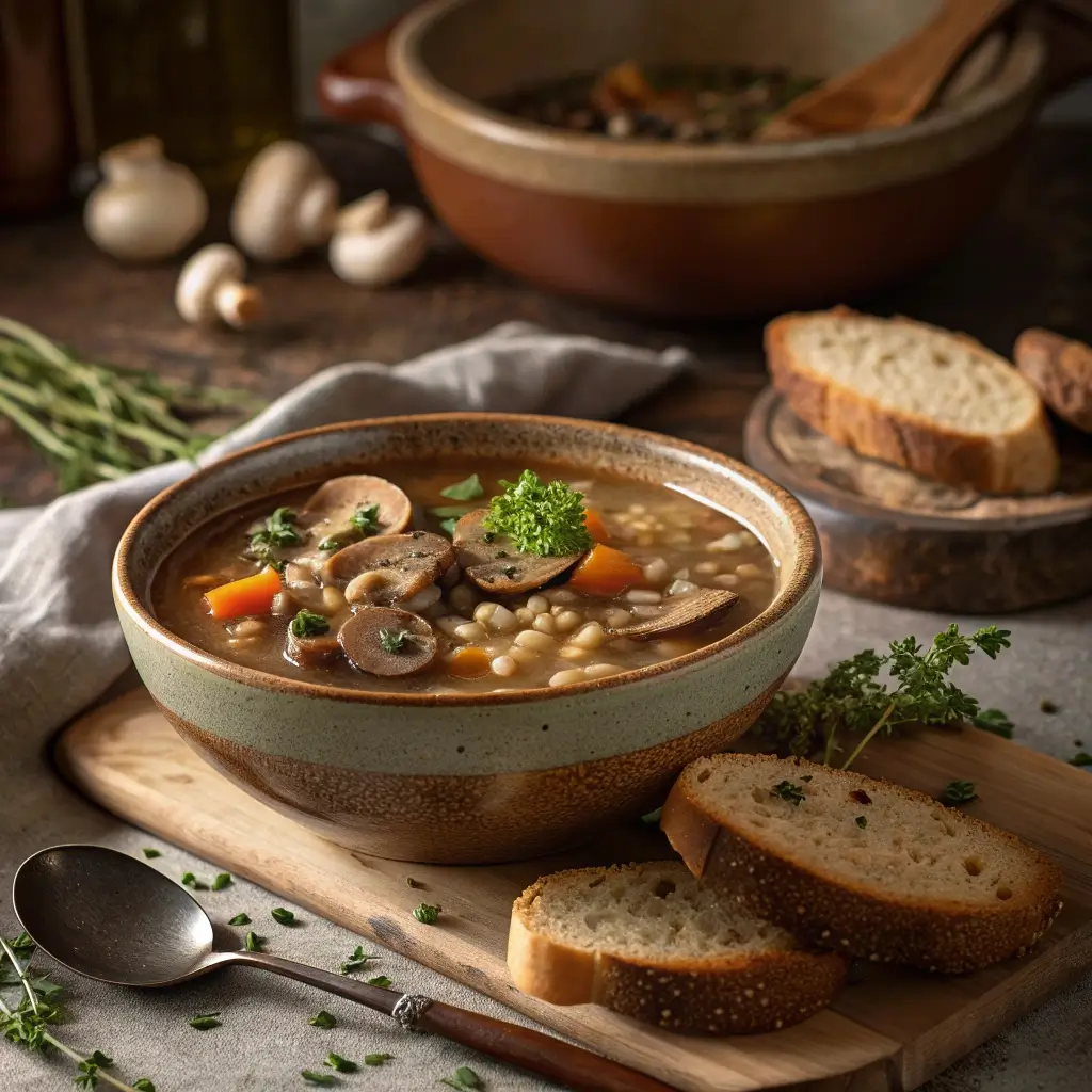 Dampfende rustikale Pilz-Gerste-Suppe in einer Keramikschüssel, garniert mit Petersilie, umgeben von Brot und Kräutern auf Holzbrett.