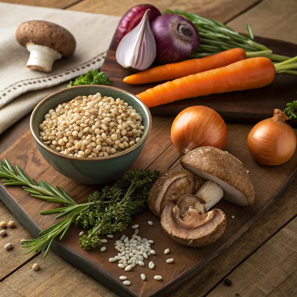 Zutaten für rustikale Pilz-Gerste-Suppe: frische Champignons, Gerste, Karotten, Zwiebeln, Knoblauch, Rosmarin und Petersilie auf einem Holzbrett.