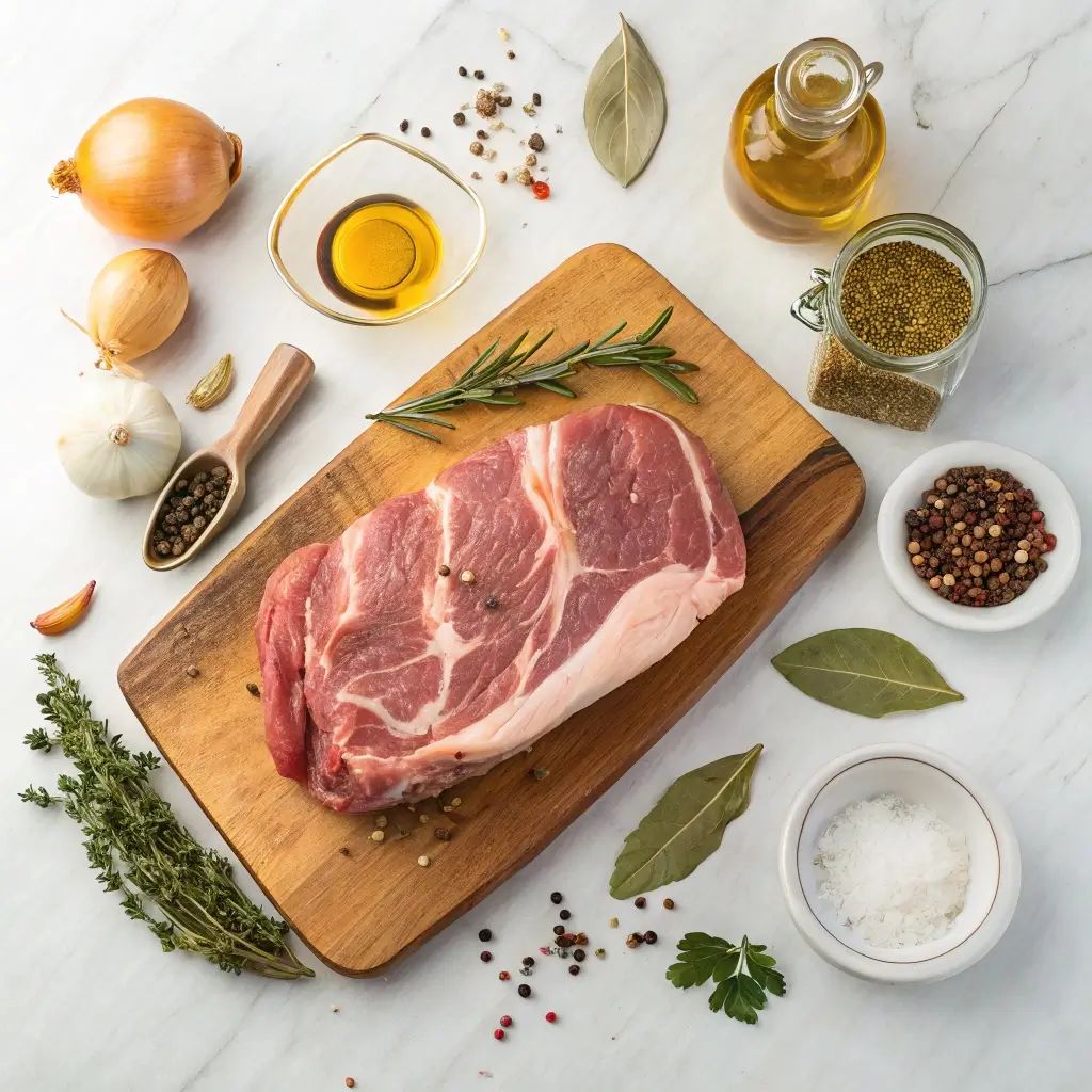 Eine appetitliche Ansammlung von Zutaten für ein saftiges Schweinekamm-Gericht. Im Mittelpunkt steht ein großes Stück frisches Schweinekamm auf einem Holzbrett, umgeben von verschiedenen Gewürzen und Kräutern. Neben dem Fleisch sind Zutaten wie Zwiebeln, Knoblauch, Olivenöl, Salz, Pfeffer, Thymian, Rosmarin, Lorbeerblätter und weitere Gewürze sorgfältig arrangiert.