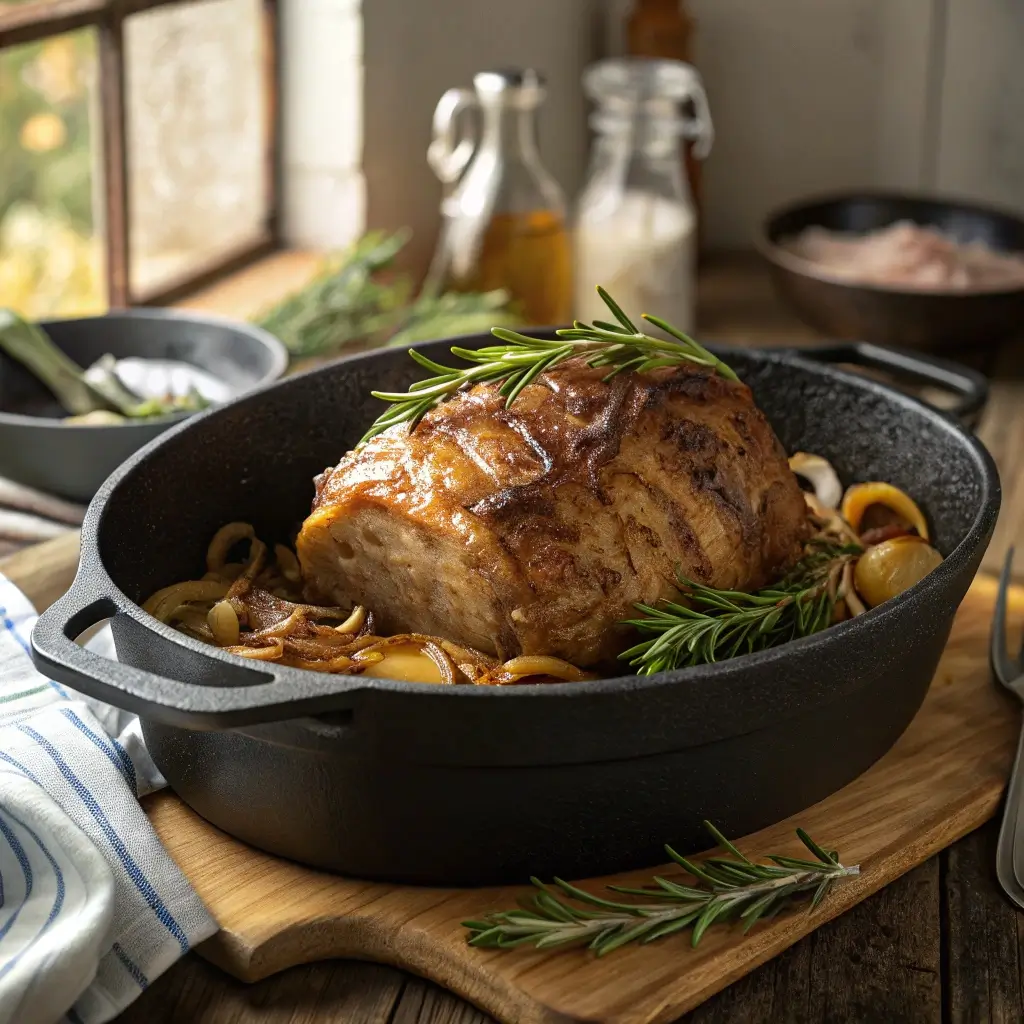 Ein appetitliches Stück saftiges Schweinekamm in einer schwarzen Pfanne, mit frischem Rosmarin und Zwiebeln dekoriert. Das Fleisch ist goldbraun gebraten und serviert auf einem rustikalen Holzbrett.